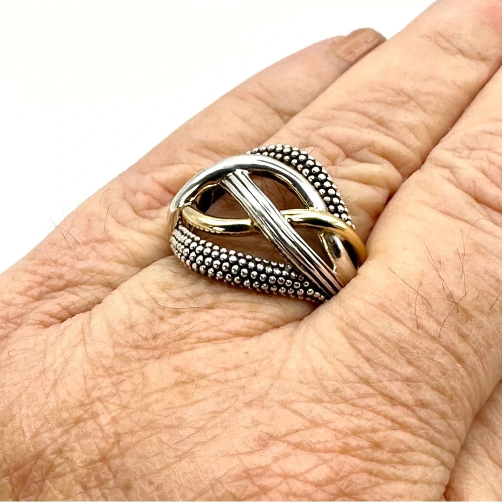 Lagos Vintage Caviar Two Tone Silver & Gold Braided Ring Size 7